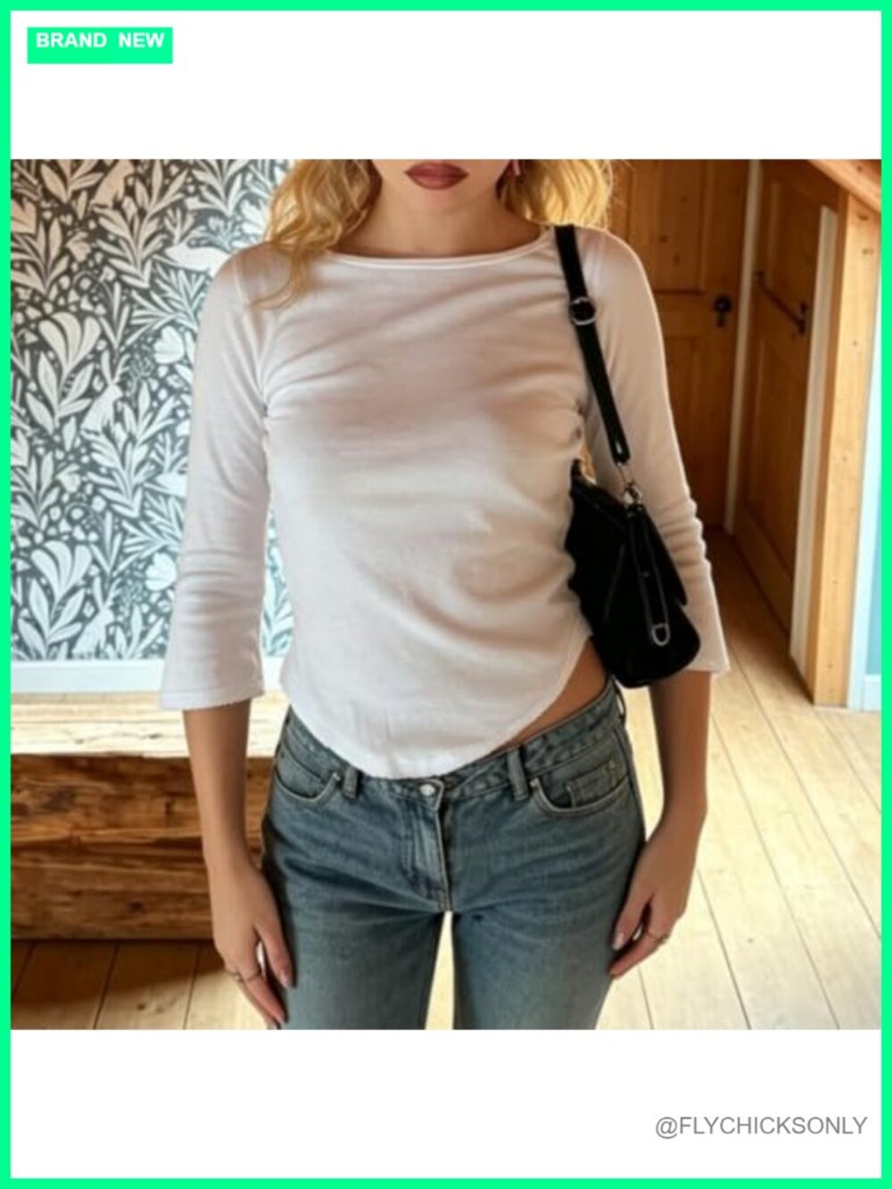Women's Y2k Boat Neck 3/4 Sleeve Crop Top Cotton Slim Fit Curved Hem Picot Trim - Picture 5 of 6